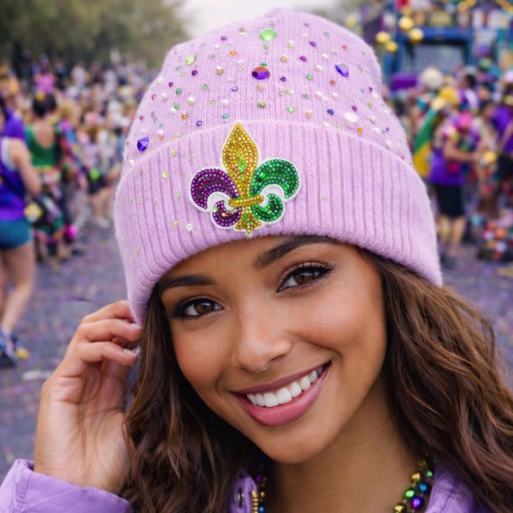 Mardi Gras Purple Beanie with Fleur-de-Lis Design